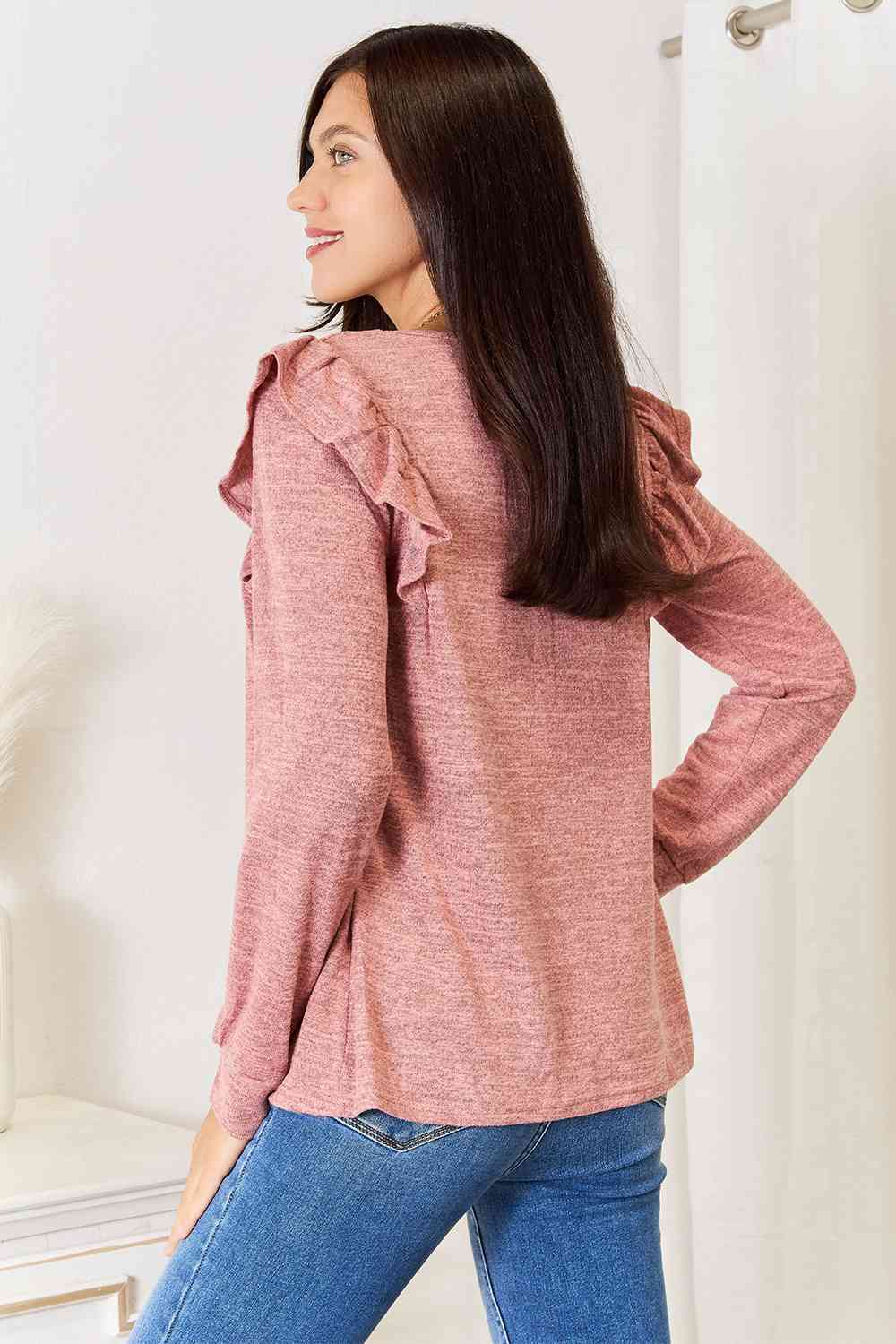 Double Take Square Neck Ruffle Shoulder Long Sleeve T-Shirt - Love Salve