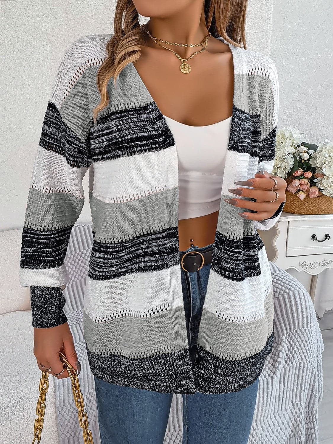 Openwork Striped Open Front Cardigan.