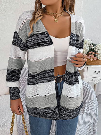 Openwork Striped Open Front Cardigan.