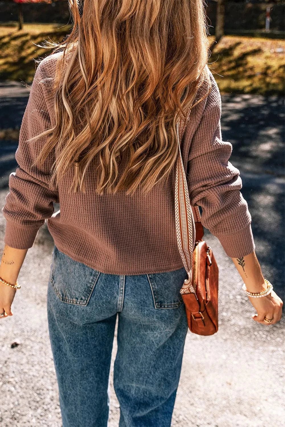 Cozy waffle-knit long sleeve blouse