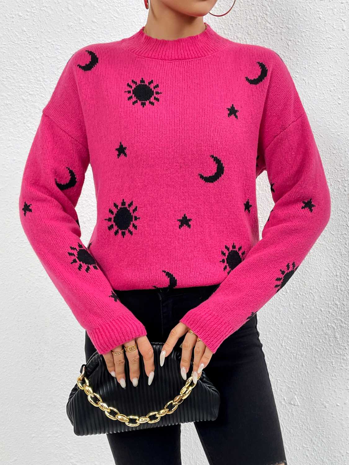 Patterned Drop Shoulder Sweater.