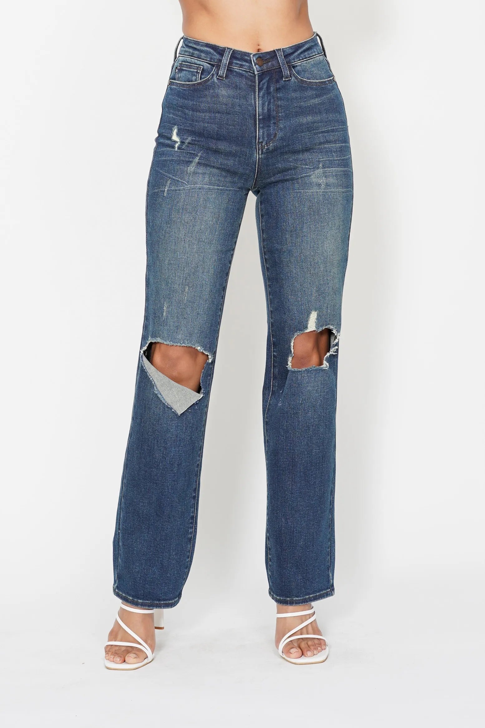 Judy Blue Plus Size High Waisted Ripped Knee Dad Jeans - Love Salve 