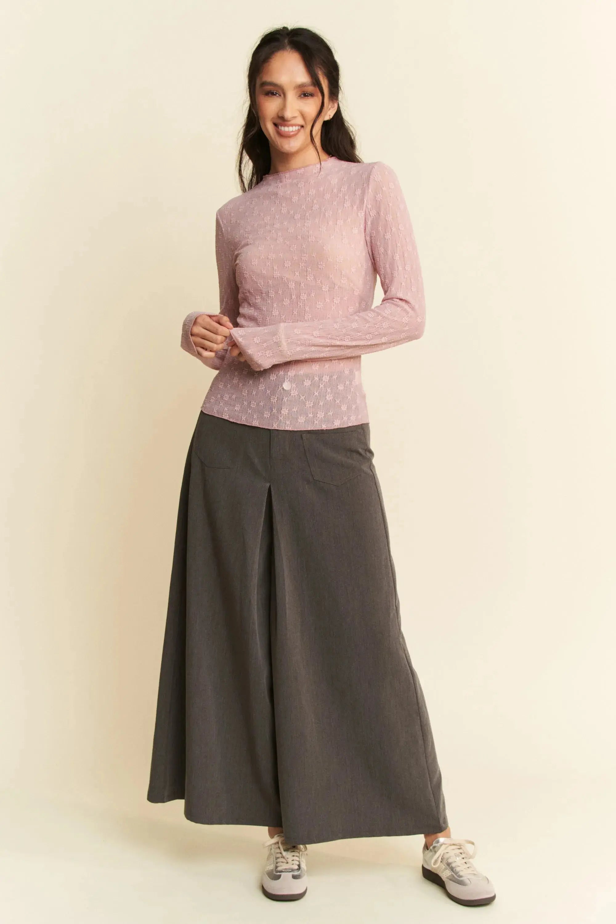 Davi & Dani Long Sleeve Sheer Small Embroidered Bows Lace Top - Love Salve 