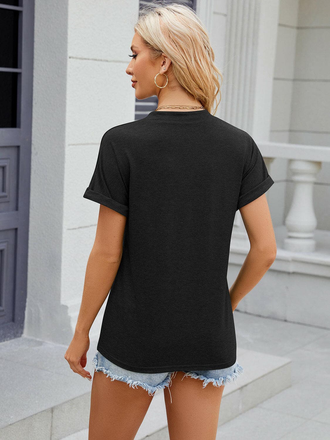 Decorative Button Notched Short Sleeve T-Shirt.