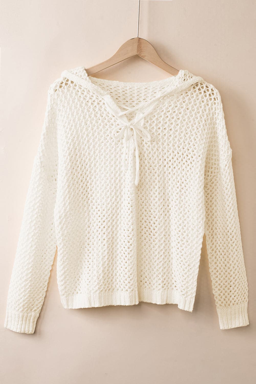 Openwork Lace-Up Hooded Sweater.