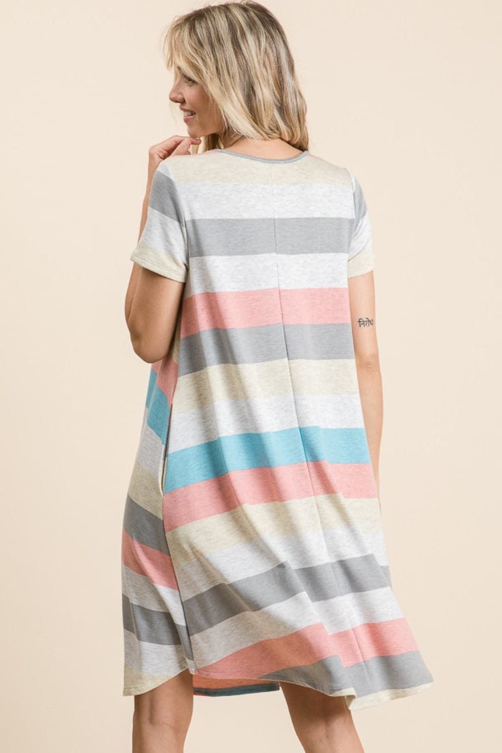 BOMBOM Striped Short Sleeve Dress with Pockets.