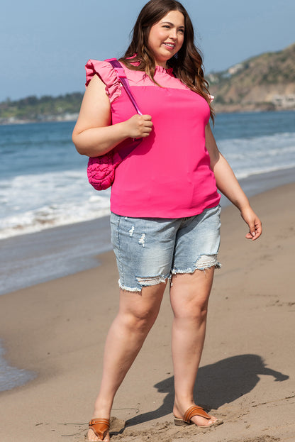 Strawberry pink frilled neck 2-tone patchwork plus size blouse