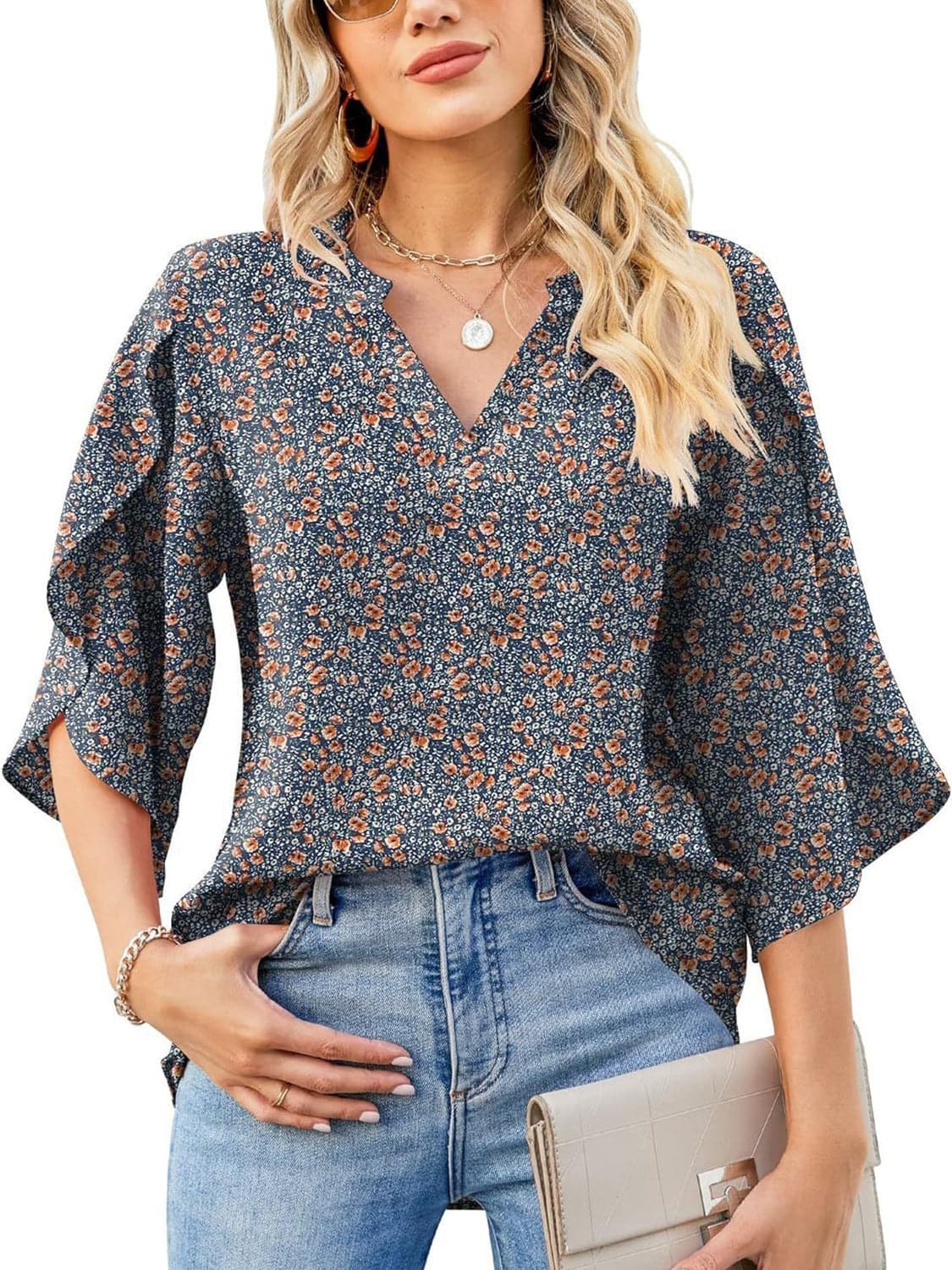 Printed Notched Half Sleeve Blouse.