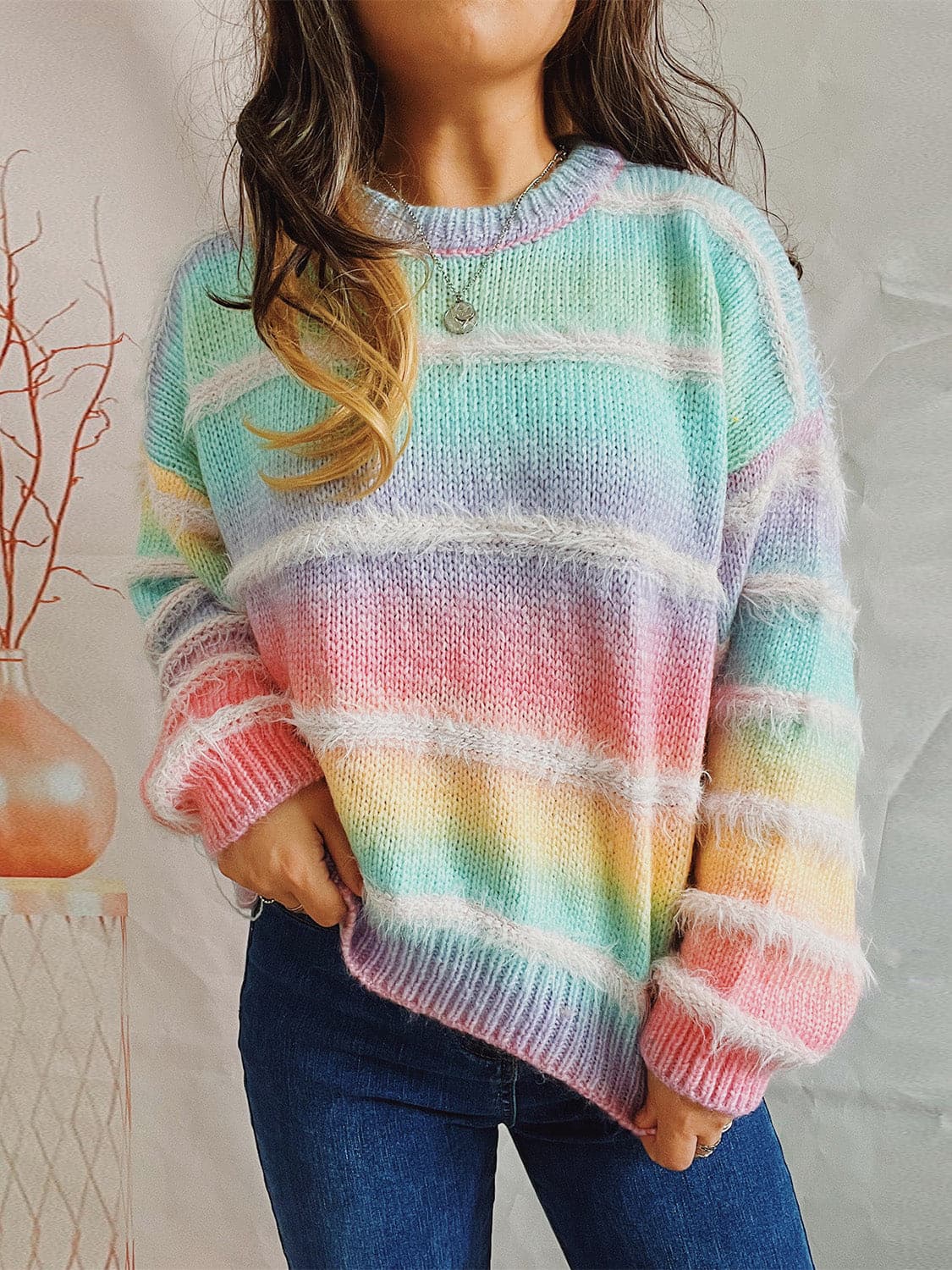 Striped Round Neck Long Sleeve Sweater.