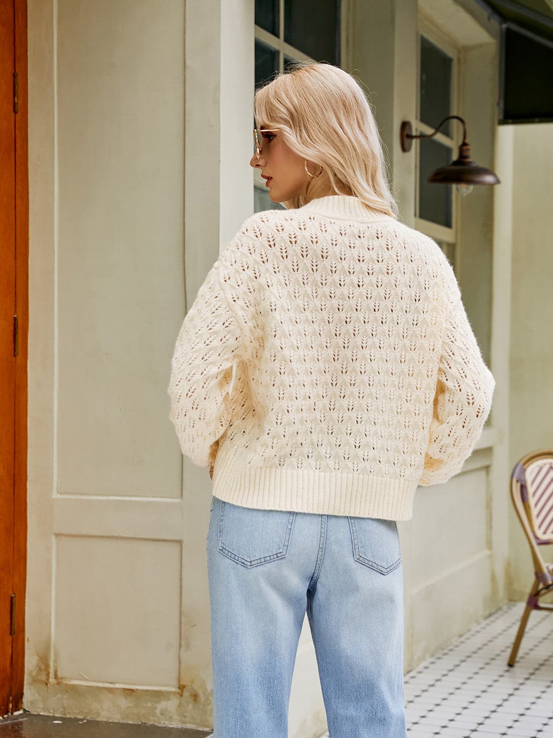 Openwork Round Neck Sweater.