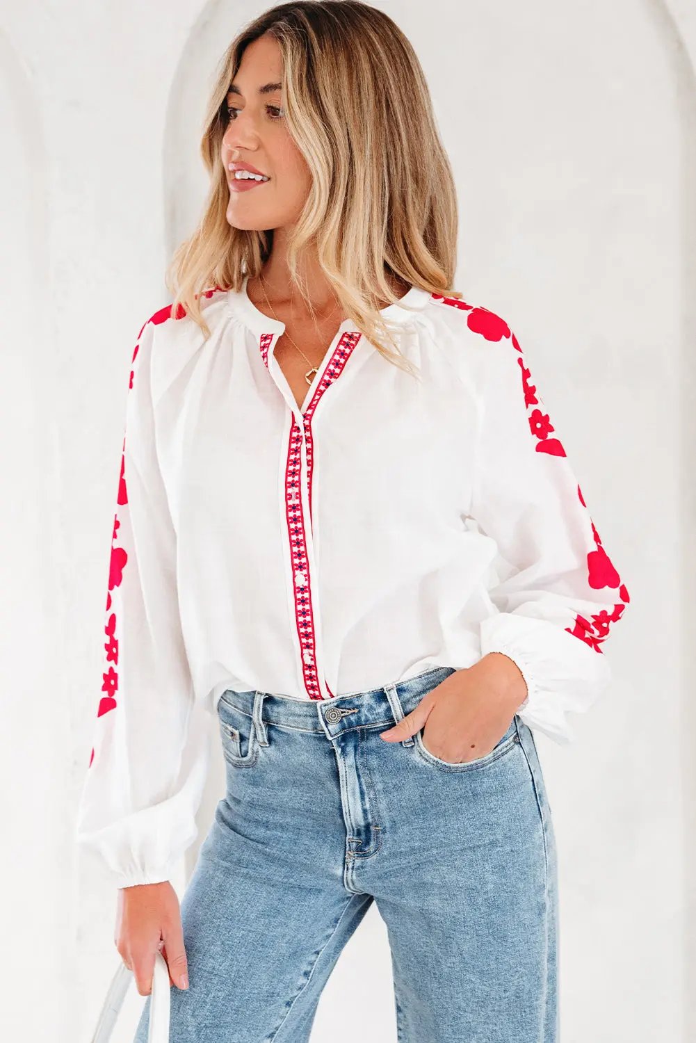 Premium White Floral Embroidered Puff Long Sleeve Casual Shirt Dear-Lover Dropshipping