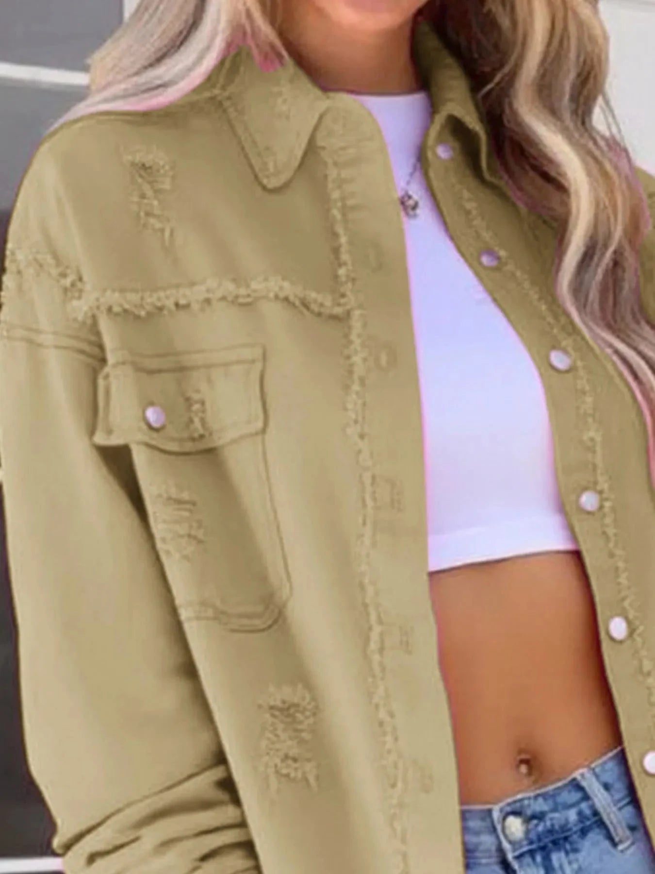 Distressed Denim Jacket with Frayed Edges Coco’s Tee Boutique