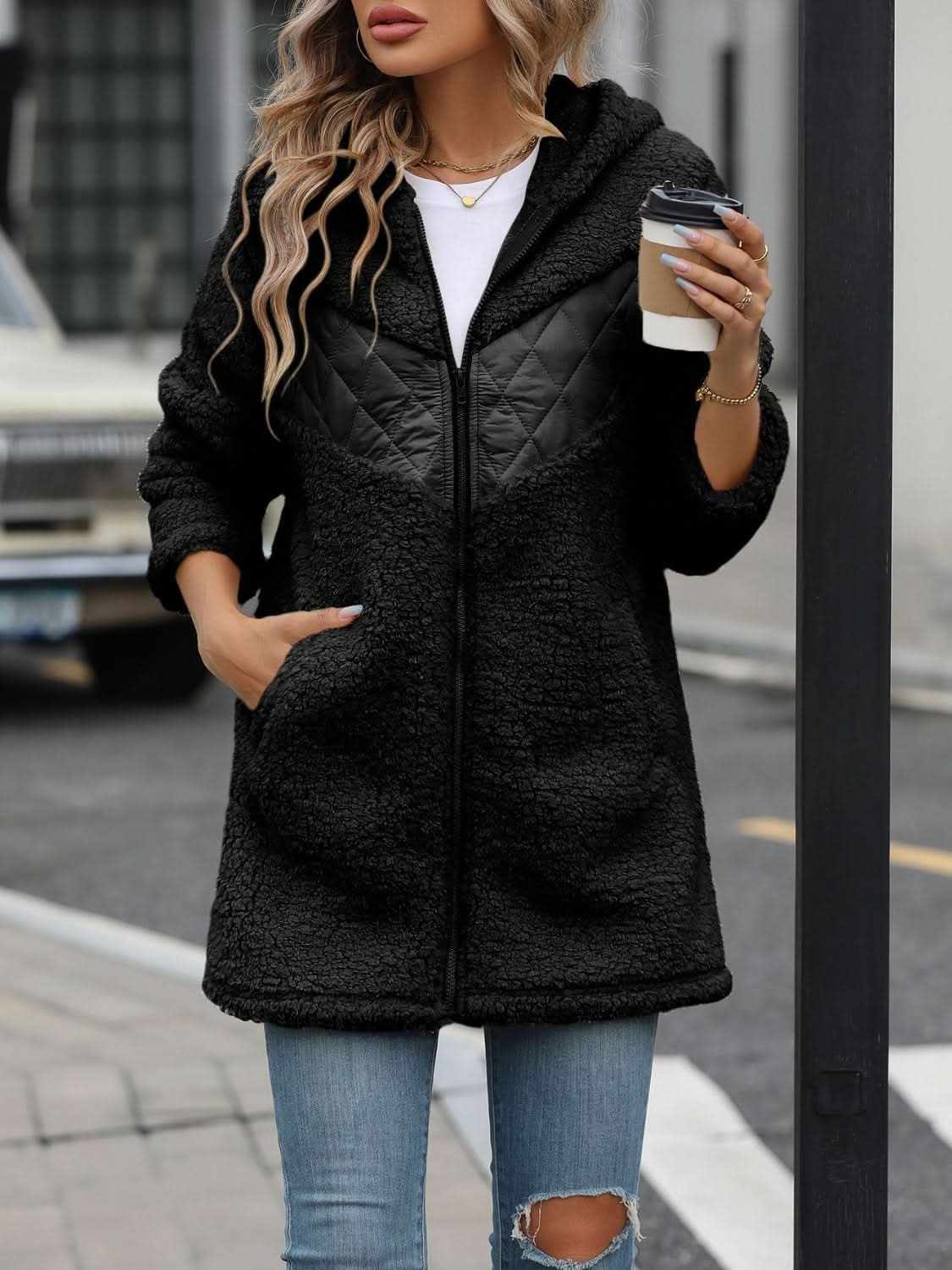 Women's cozy fleece hooded jacket with pockets, 100% polyester, black color.