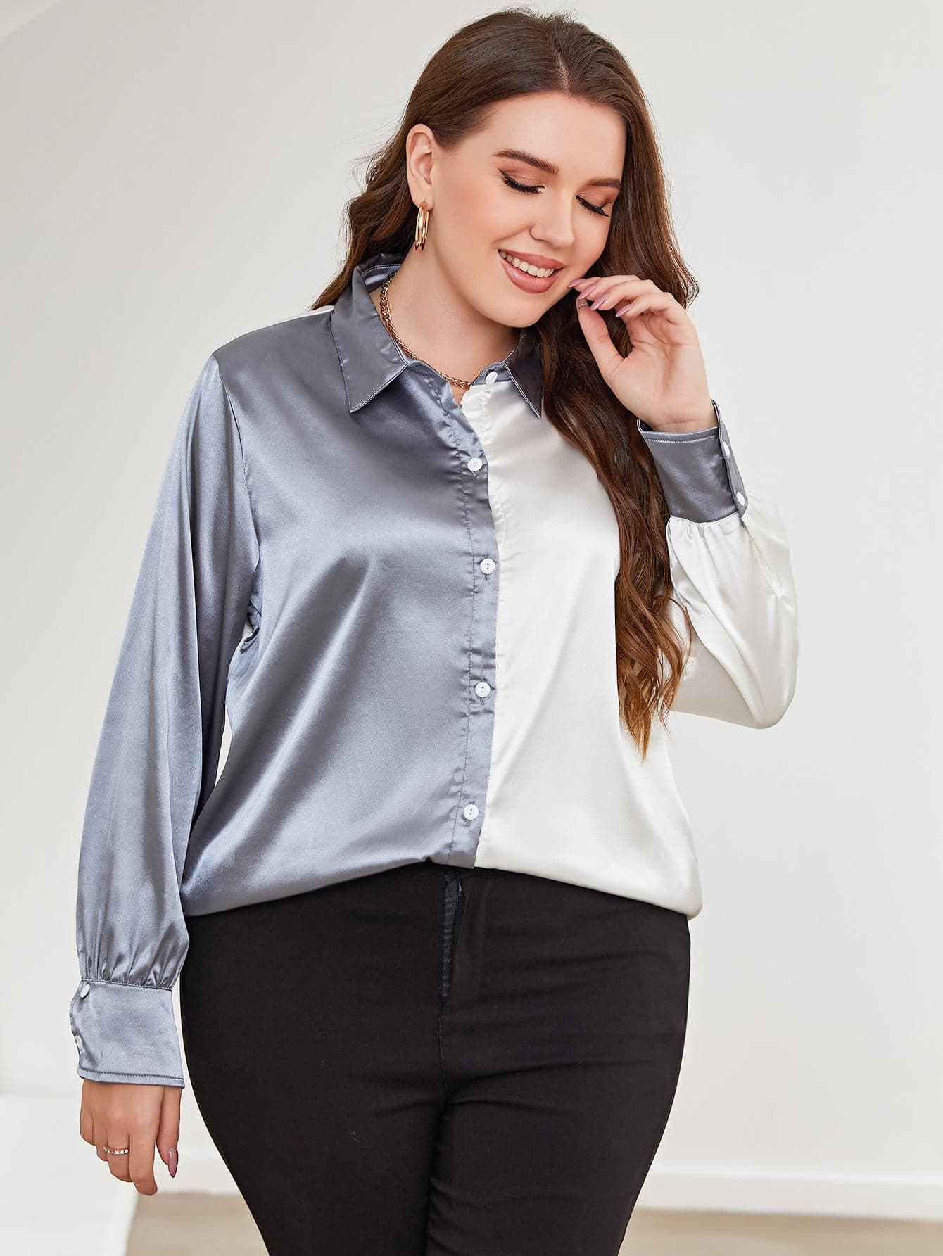 Plus Size Two-Tone Long Sleeve Shirt.