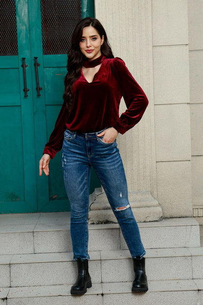 Cutout Puff Sleeve Velvet Blouse.