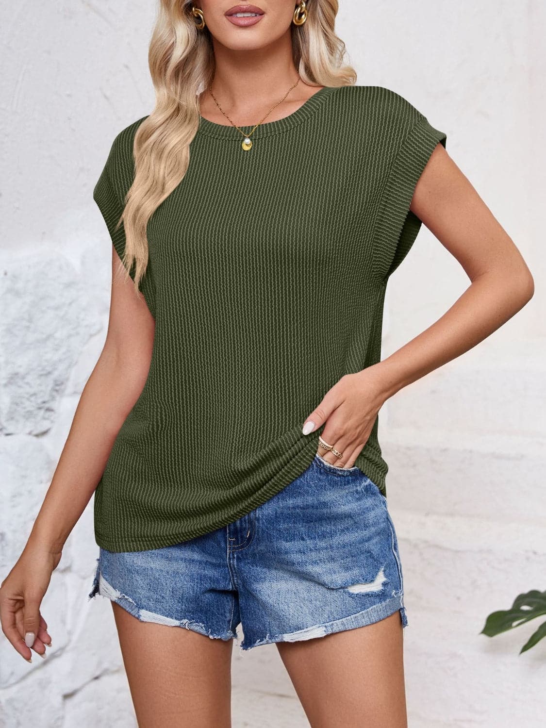 Textured Round Neck Cap Sleeve Blouse.