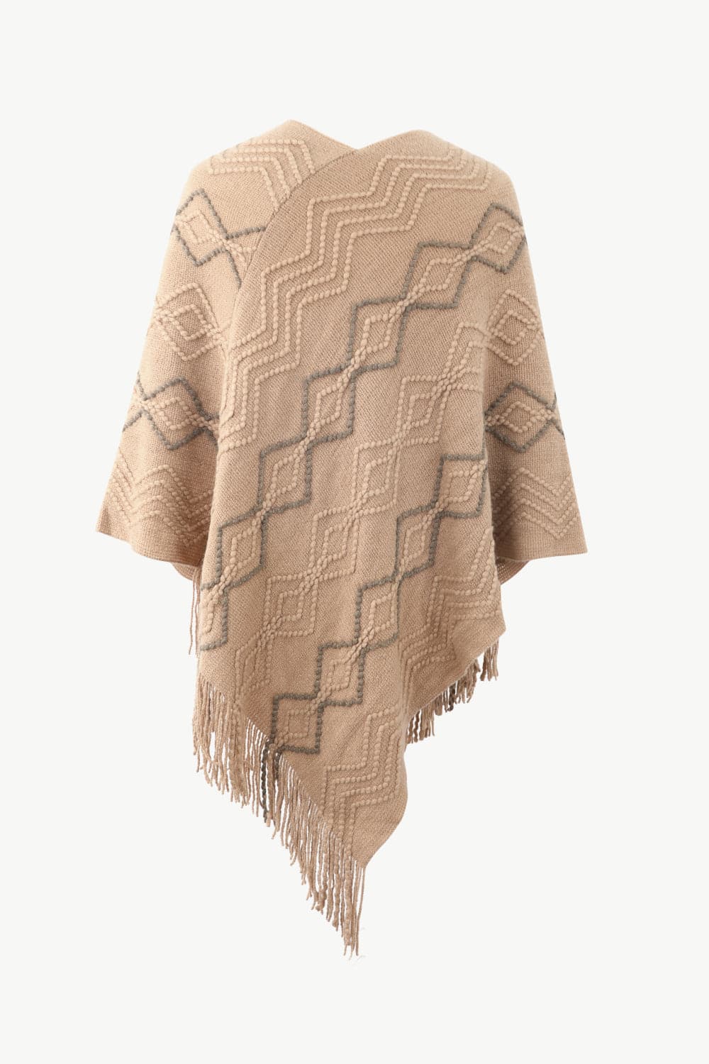 Pearl Trim V-Neck Fringe Hem Poncho.