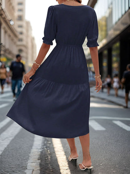 Ruched V-Neck Half Sleeve Midi Dress.