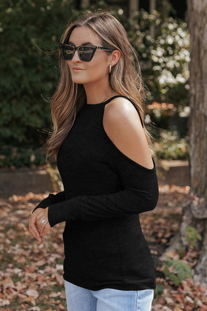 Round Neck Cold Shoulder Long Sleeve Top.