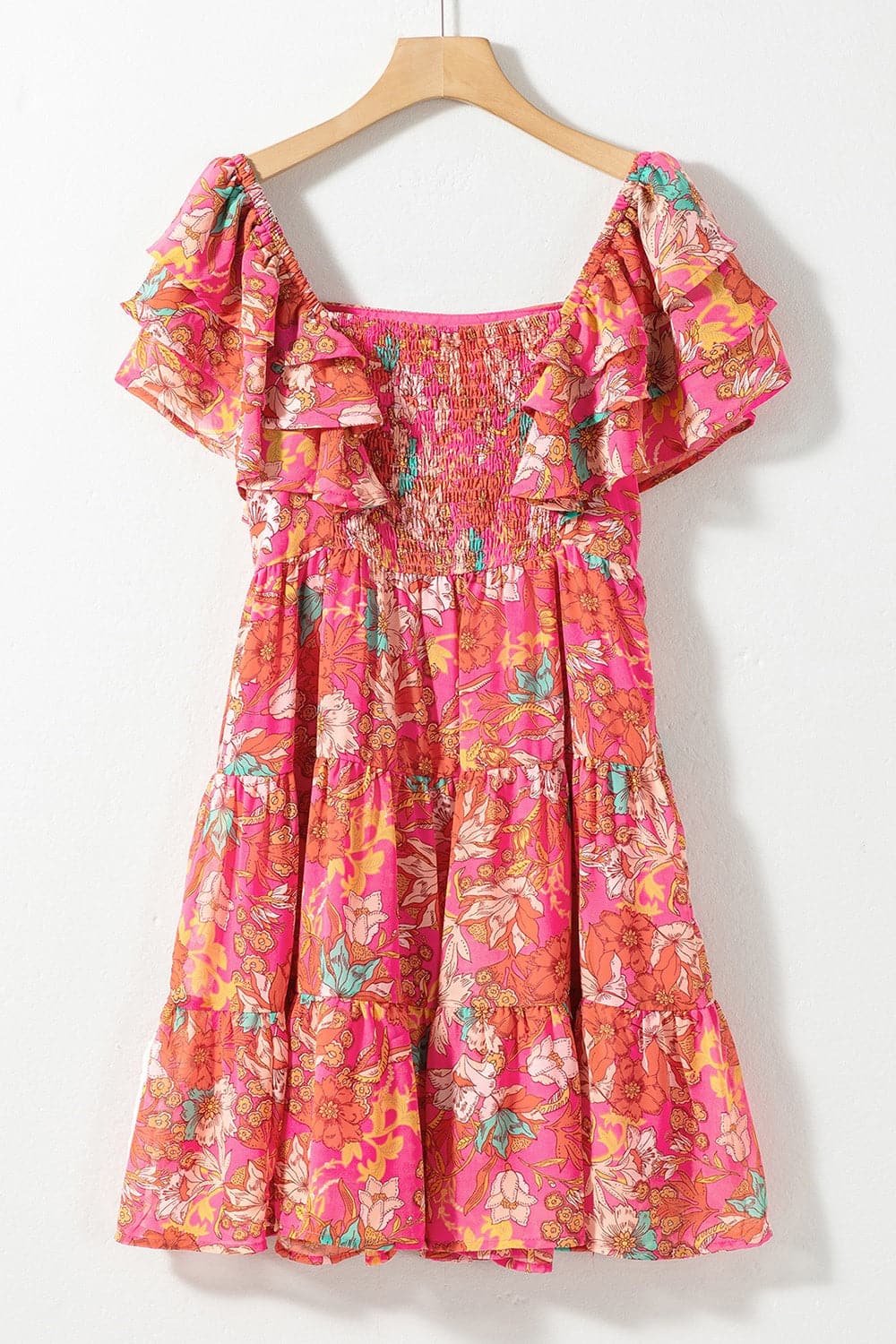 Ruffled Printed Square Neck Dress.