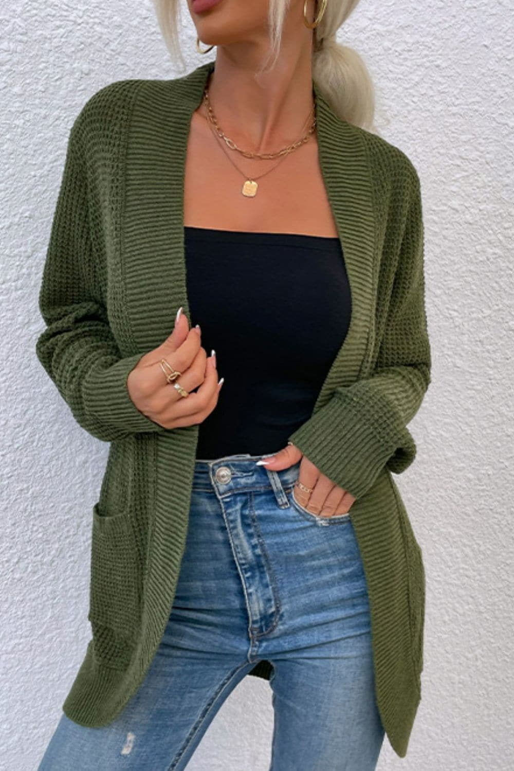 Open Front Rib-Knit Cardigan with Pockets.