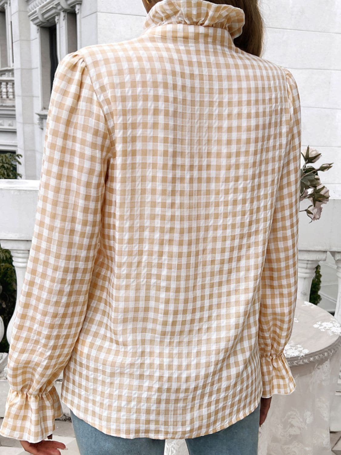 Frill Ruffled Plaid Long Sleeve Shirt.