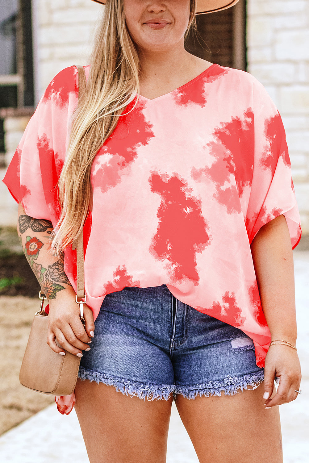 Vibrant red plus size tie-dye tunic with 3/4 sleeves