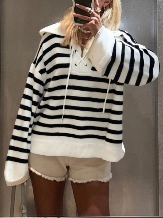 Striped Lace-Up Long Sleeve Sweater Simply Love