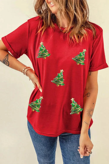 Sequin Christmas Tree Round Neck Short Sleeve T-Shirt in red with festive design.