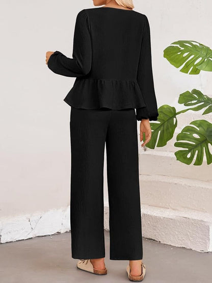 Chic tie neck balloon sleeve top and pants ensemble