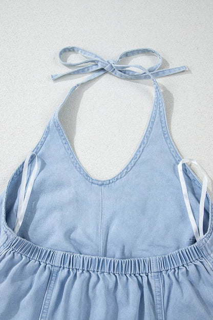 Beau Blue Knotted Open Back Halterneck Denim Tank Top