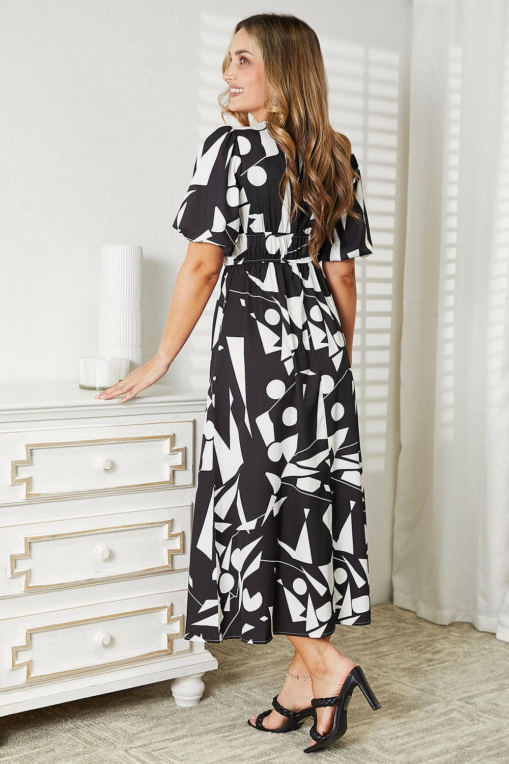 Printed Surplice Balloon Sleeve Dress.