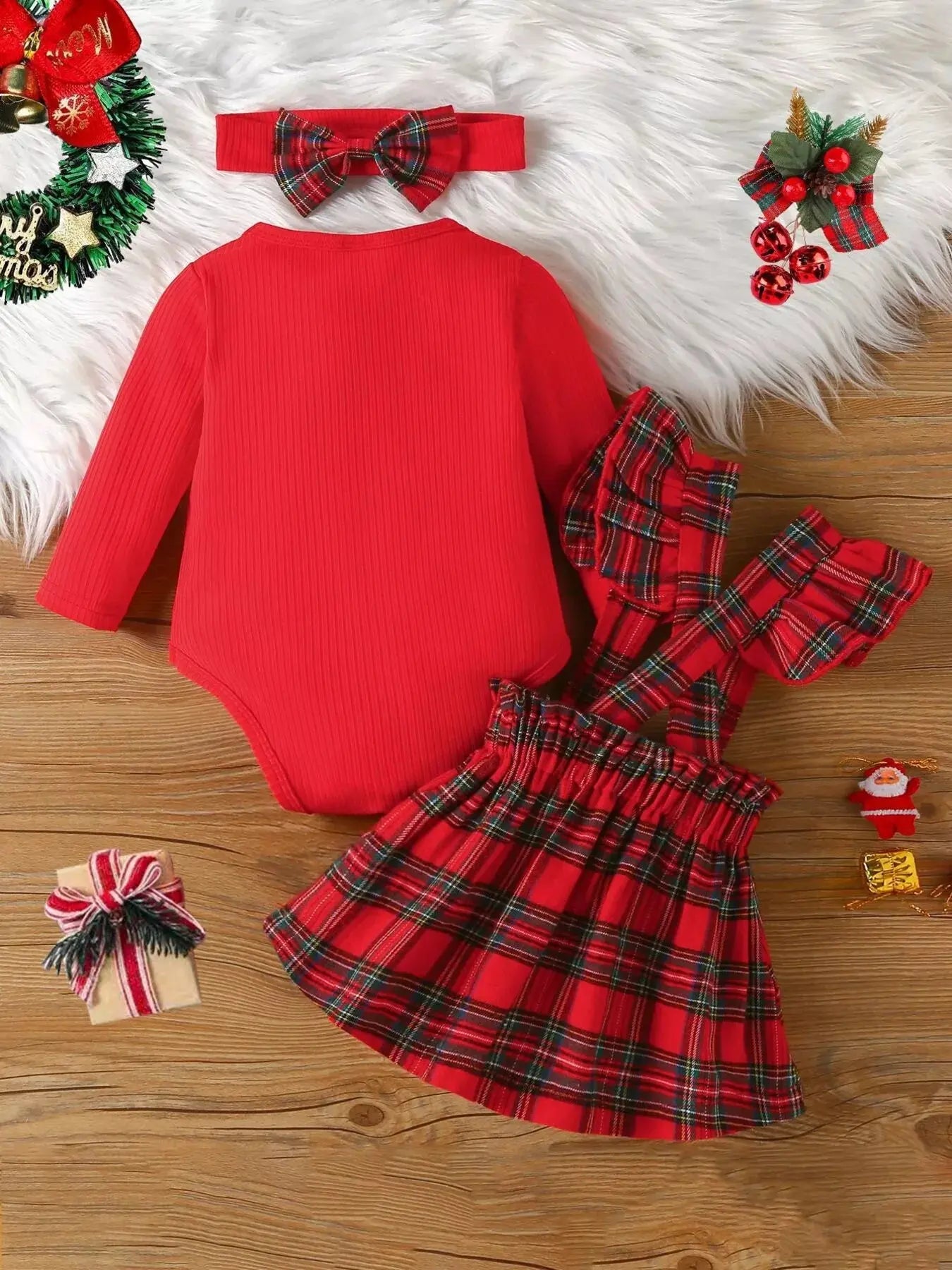Children's First Christmas Bodysuit and Plaid Dress Outfit Set with Headband Simply Love