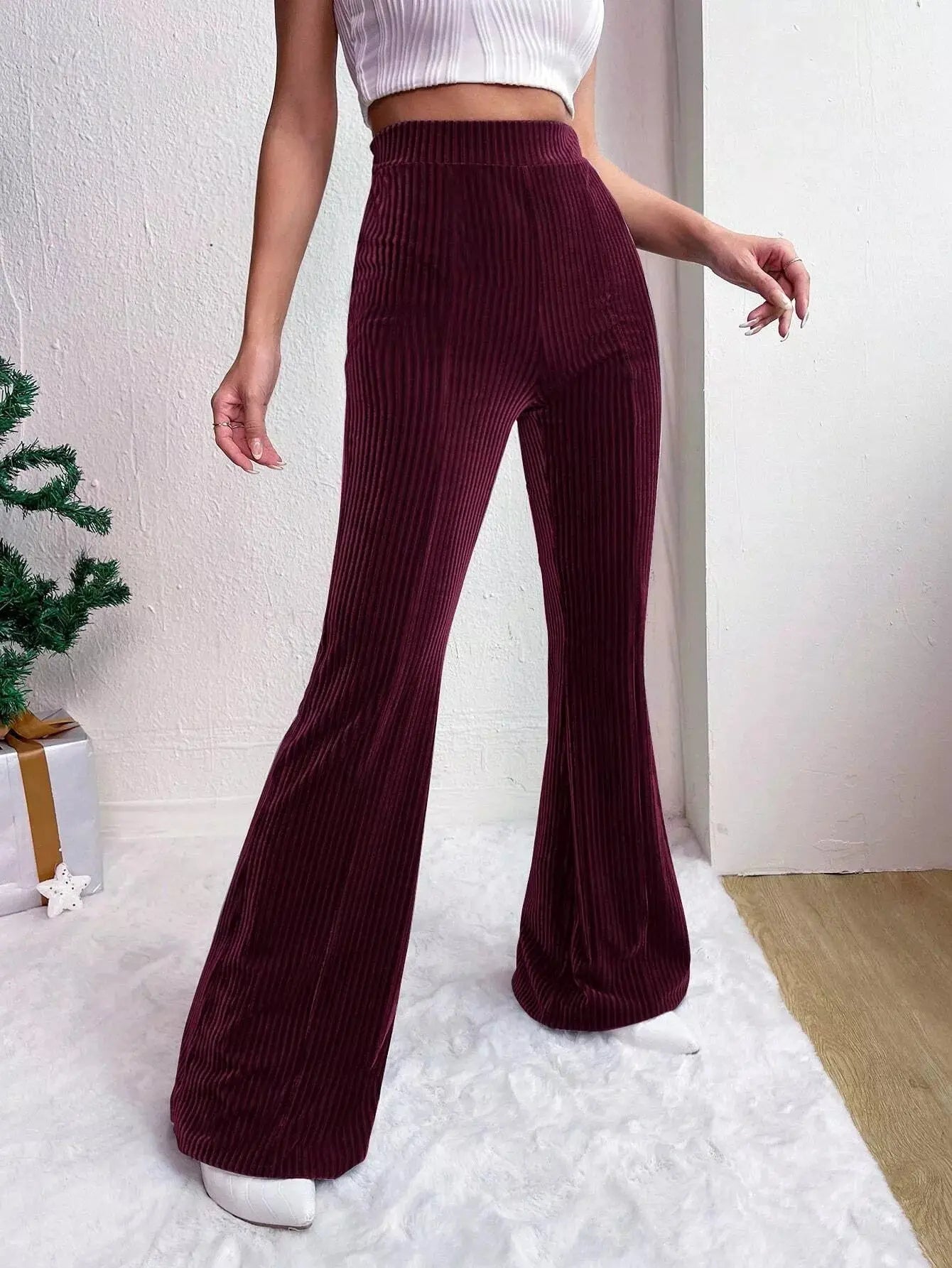Womens Stretch Corduroy High Waist Wide Leg Flare Pants Simply Love