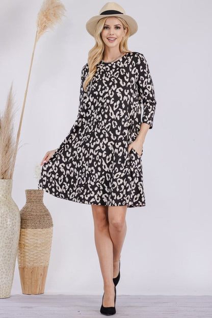 Celeste Full Size Leopard Three-Quarter Sleeve Dress with Pockets.