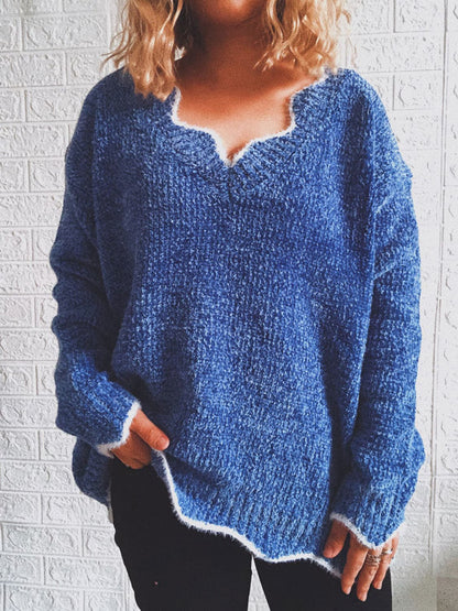 Notched Dropped Shoulder Long Sleeve Sweater.