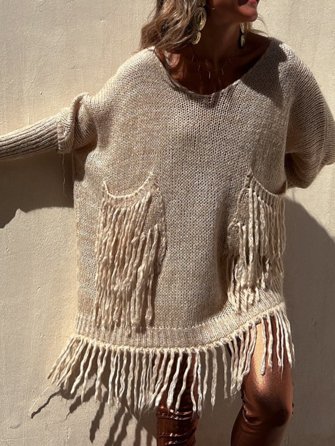 Fringe Detail Long Sleeve Sweater with Pockets.