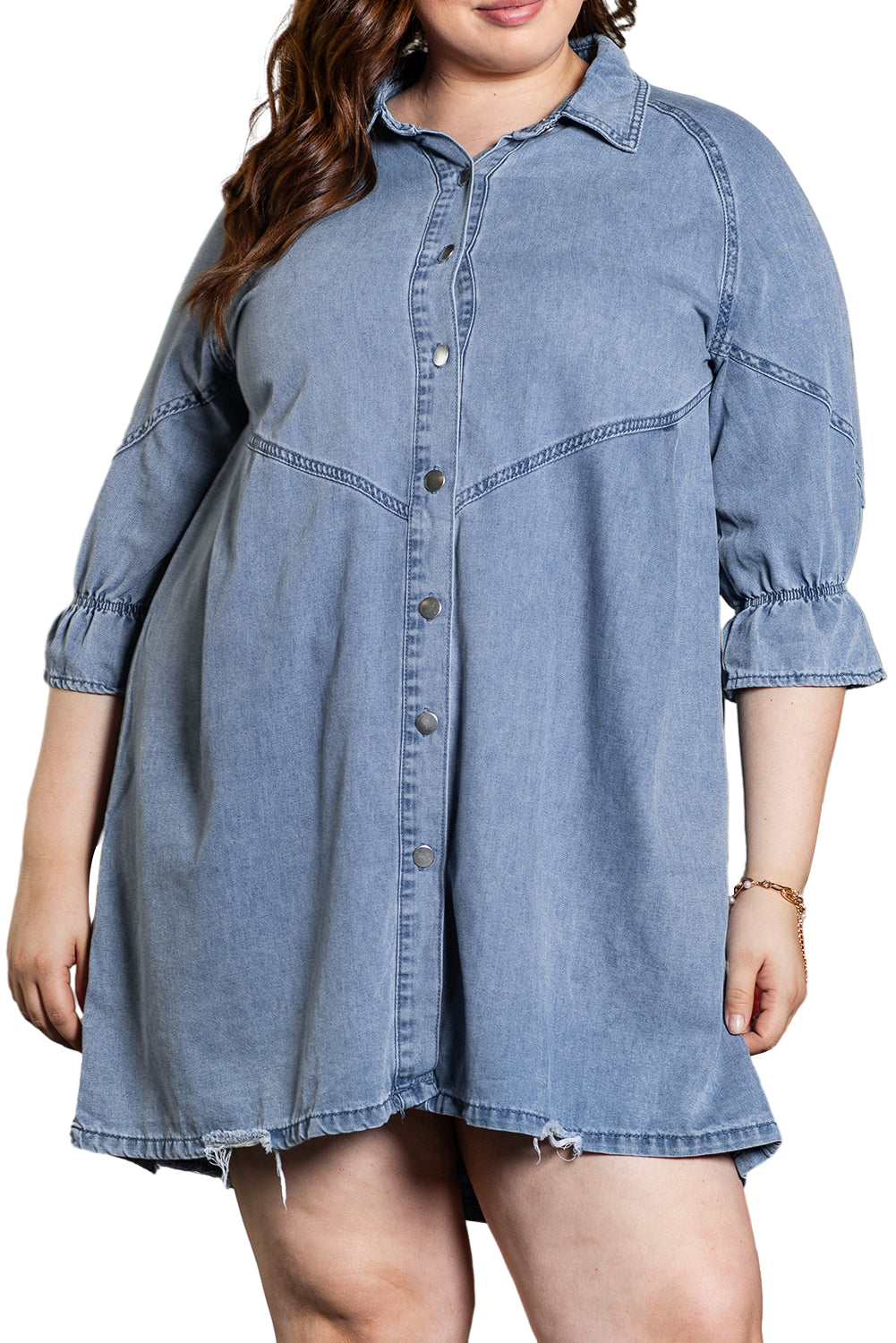 Light blue denim dress with ruffled sleeves and button front in plus sizes