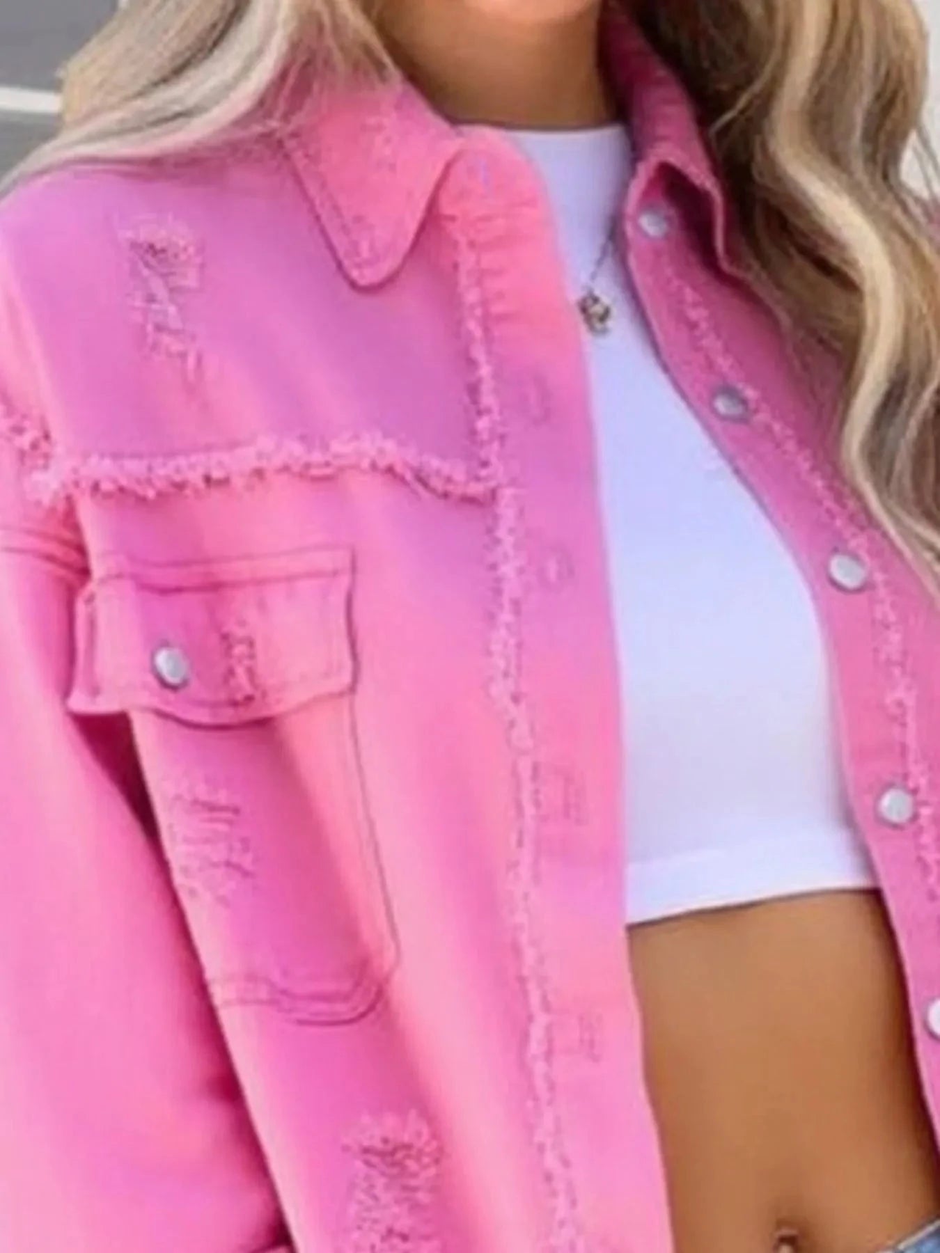 Distressed Denim Jacket with Frayed Edges Coco’s Tee Boutique