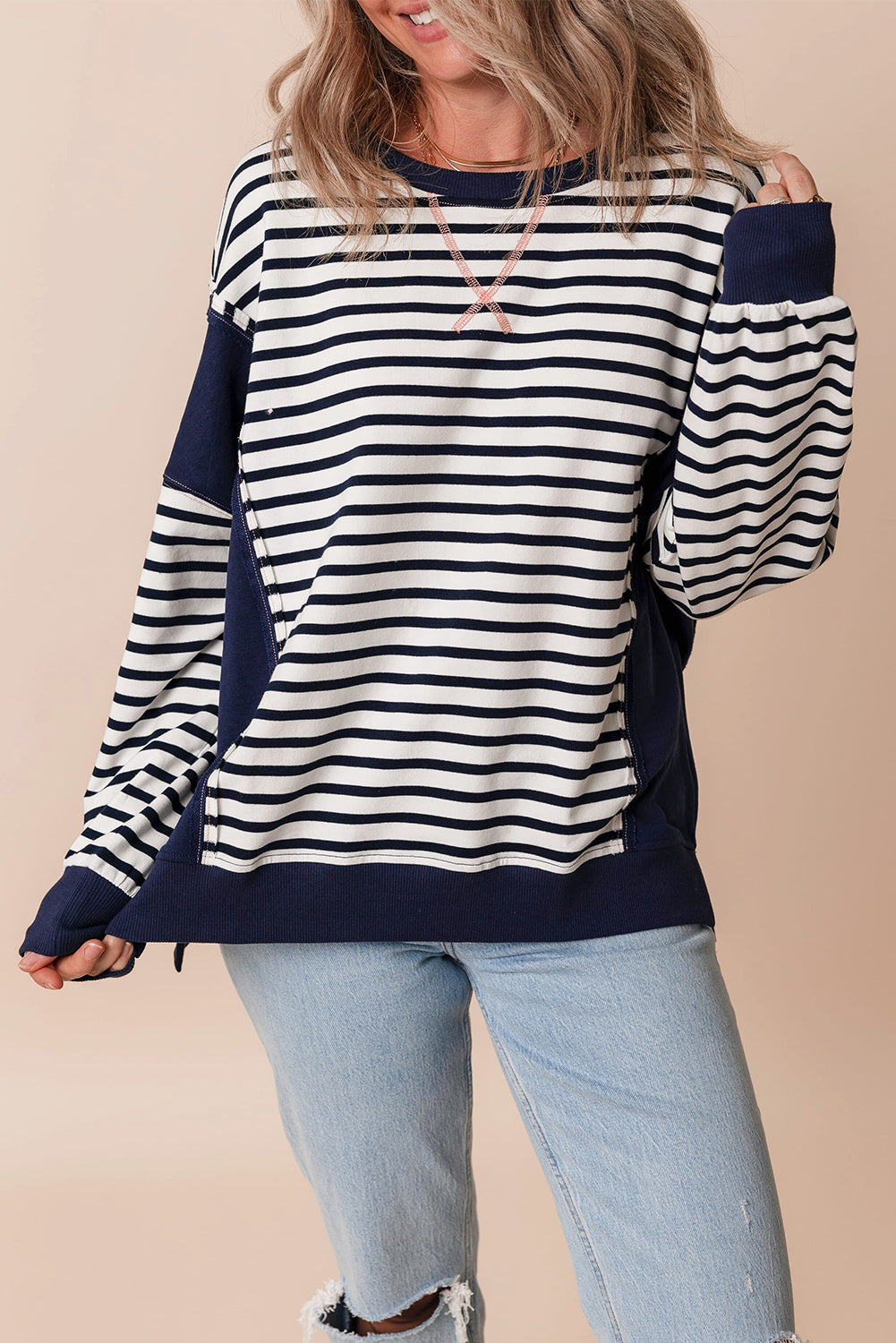 Chic white stripe color block loose fit sweatshirt with exposed seams