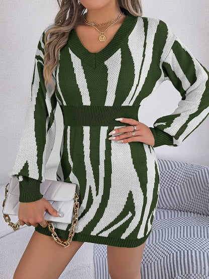 Animal Print V-Neck Long Sleeve Sweater Dress.