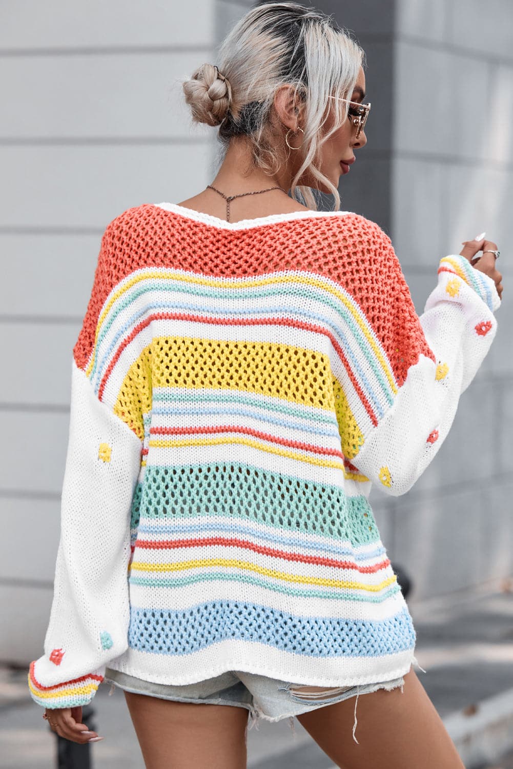 Openwork Striped Round Neck Long Sleeve Sweater.