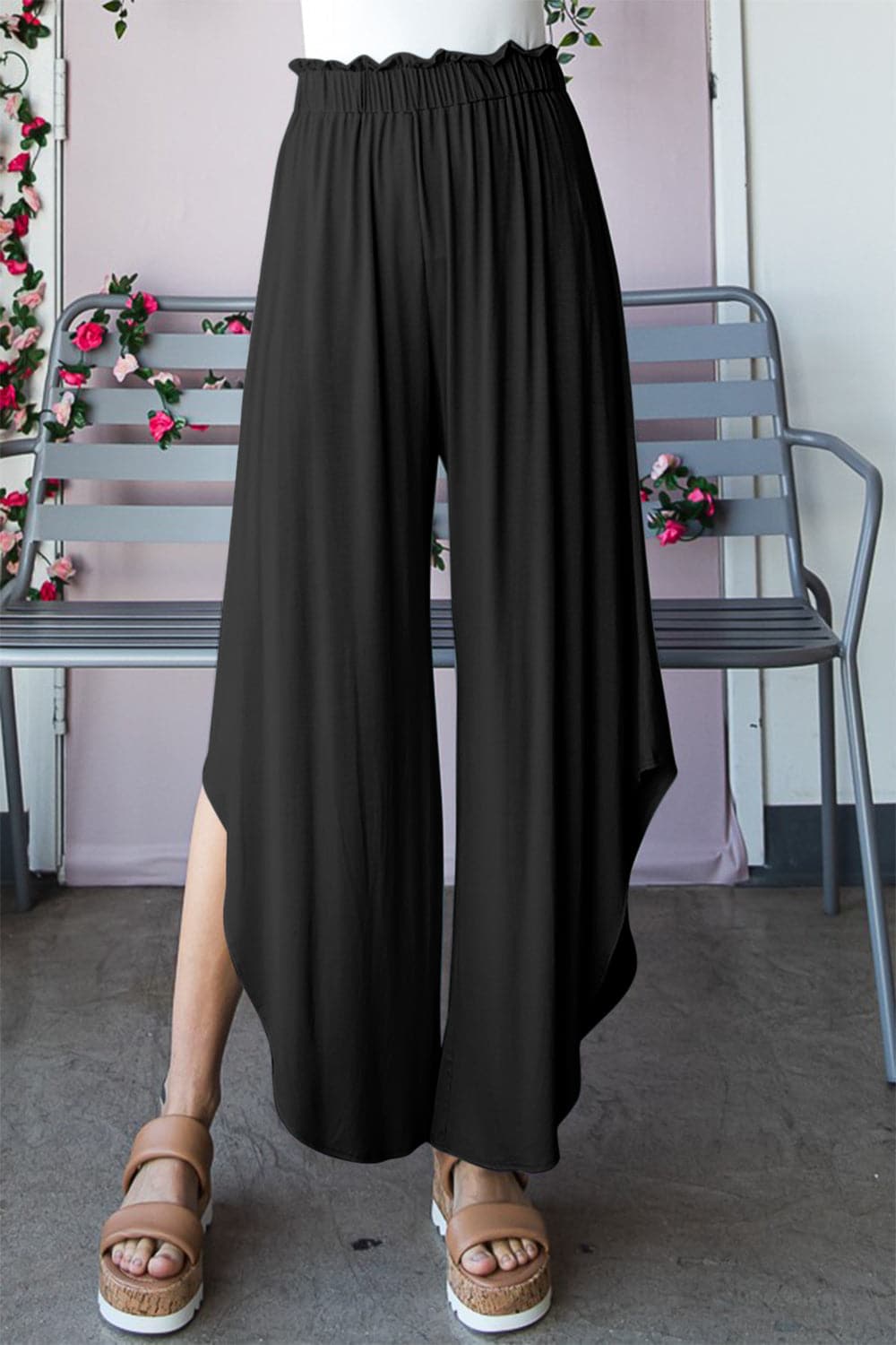 Heimish Full Size Frill Slit High Waist Wide Leg Pants.