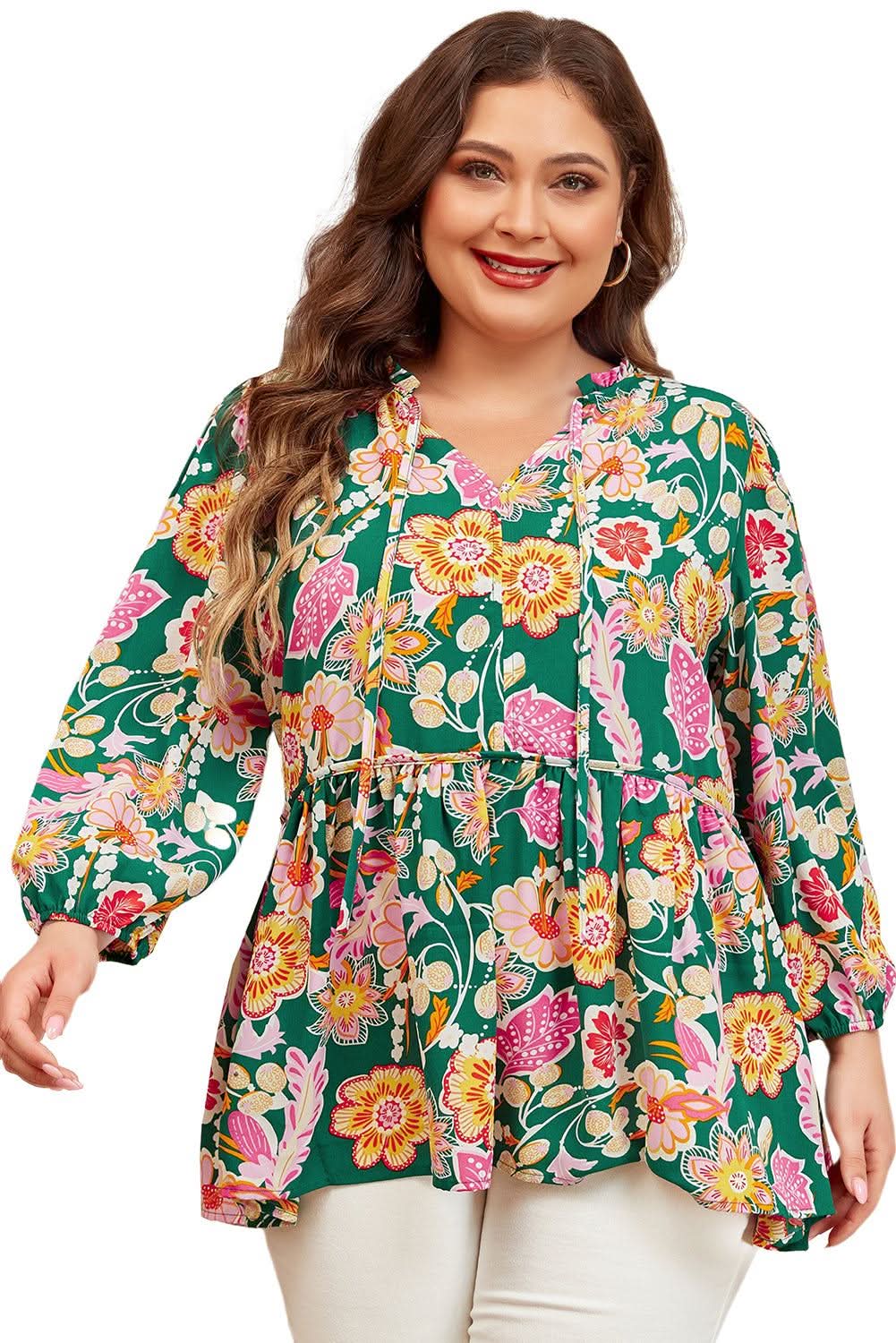 Green floral plus size babydoll top - Love Salve 