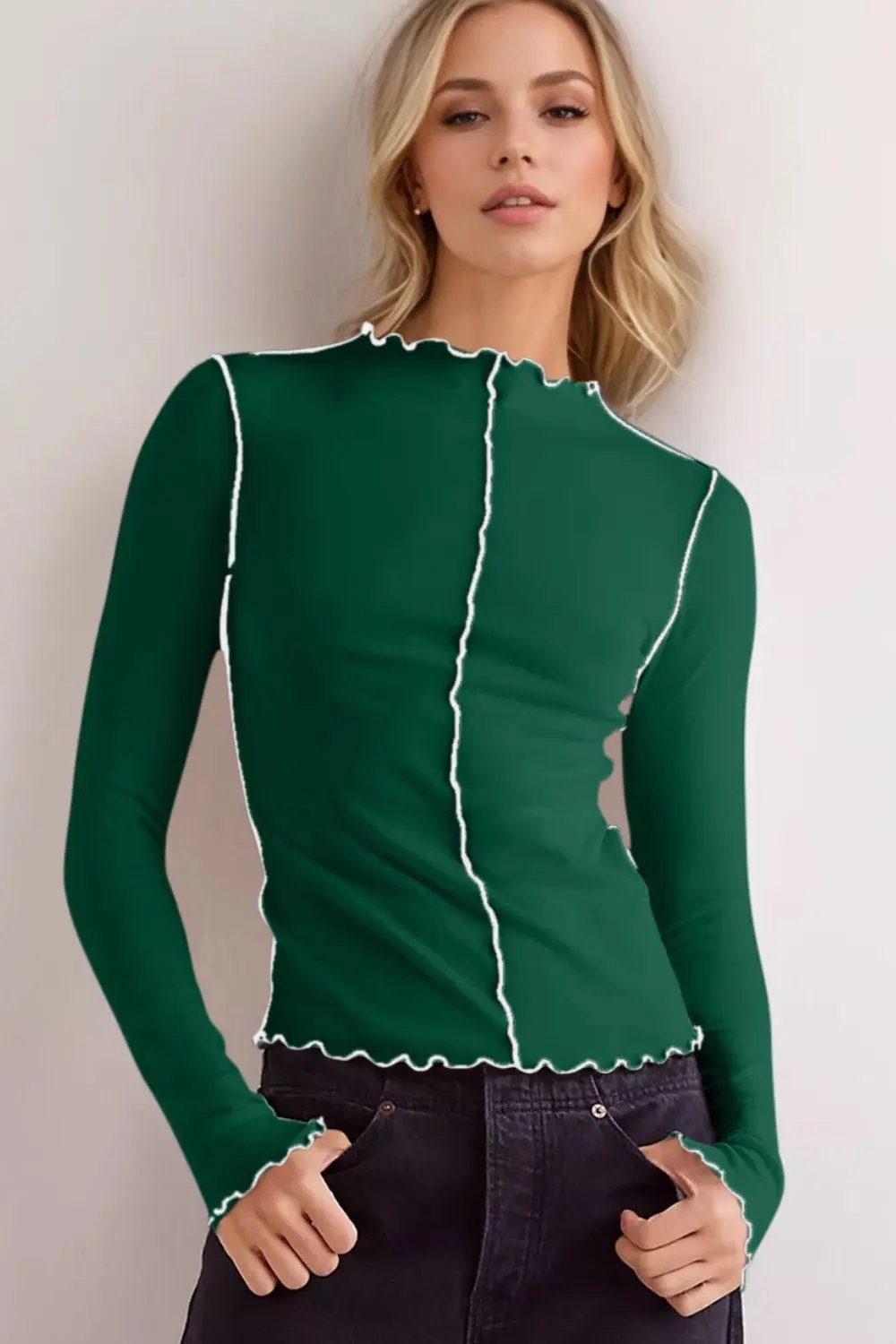 Basic Bae Contrast Trim Mock Neck Long Sleeve T-Shirt - Love Salve