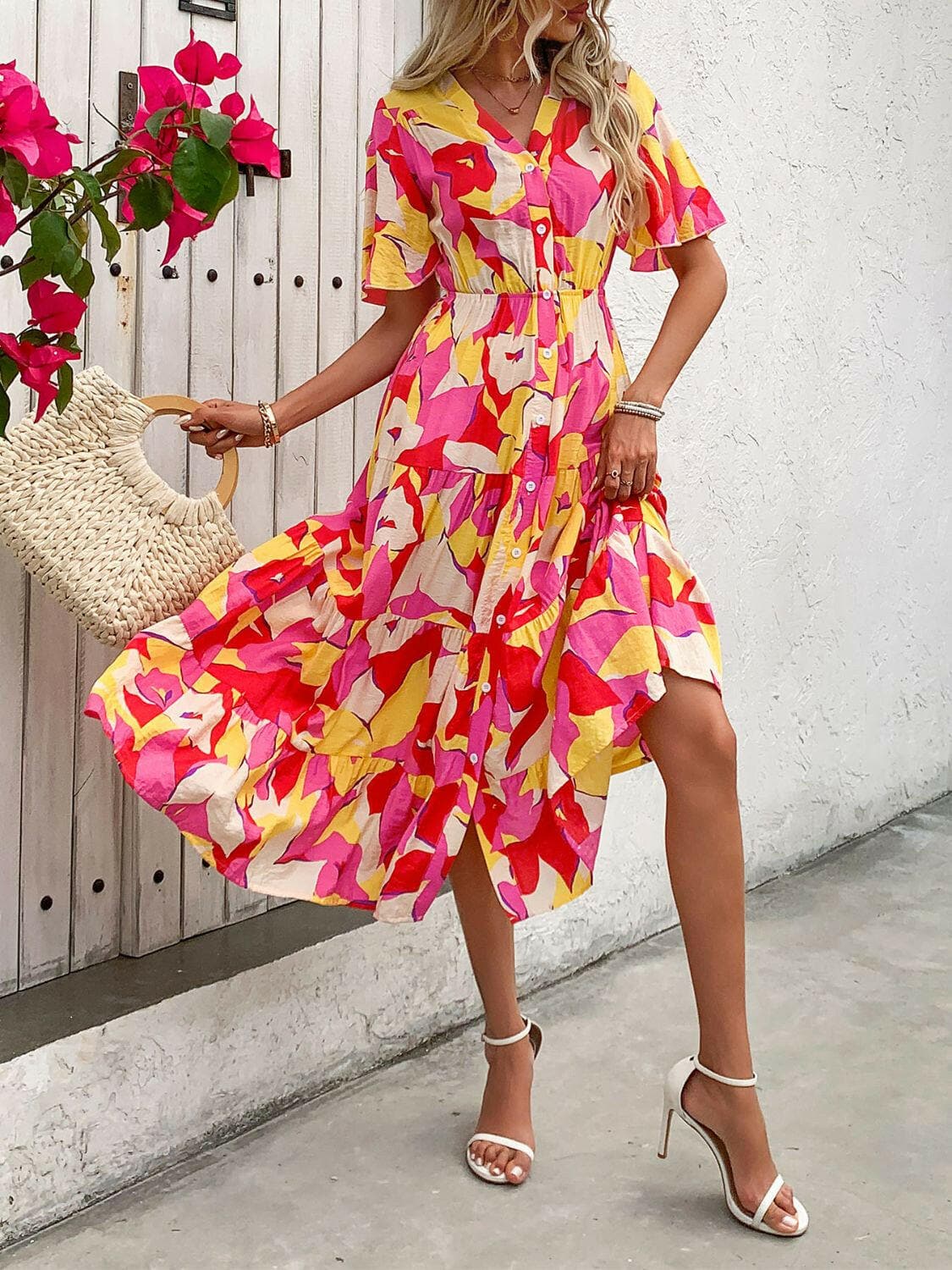 Printed V-Neck Flutter Sleeve Midi Dress.