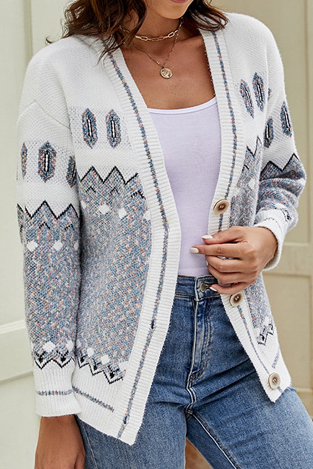 Printed V-Neck Buttoned Cardigan.