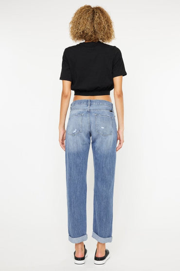 Kancan Mid Rise Distressed Straight Jeans.