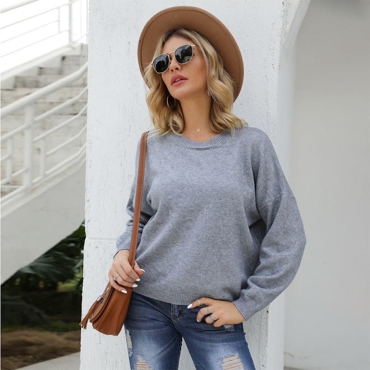 Round Neck Long Sleeve Drop Shoulder Sweater.