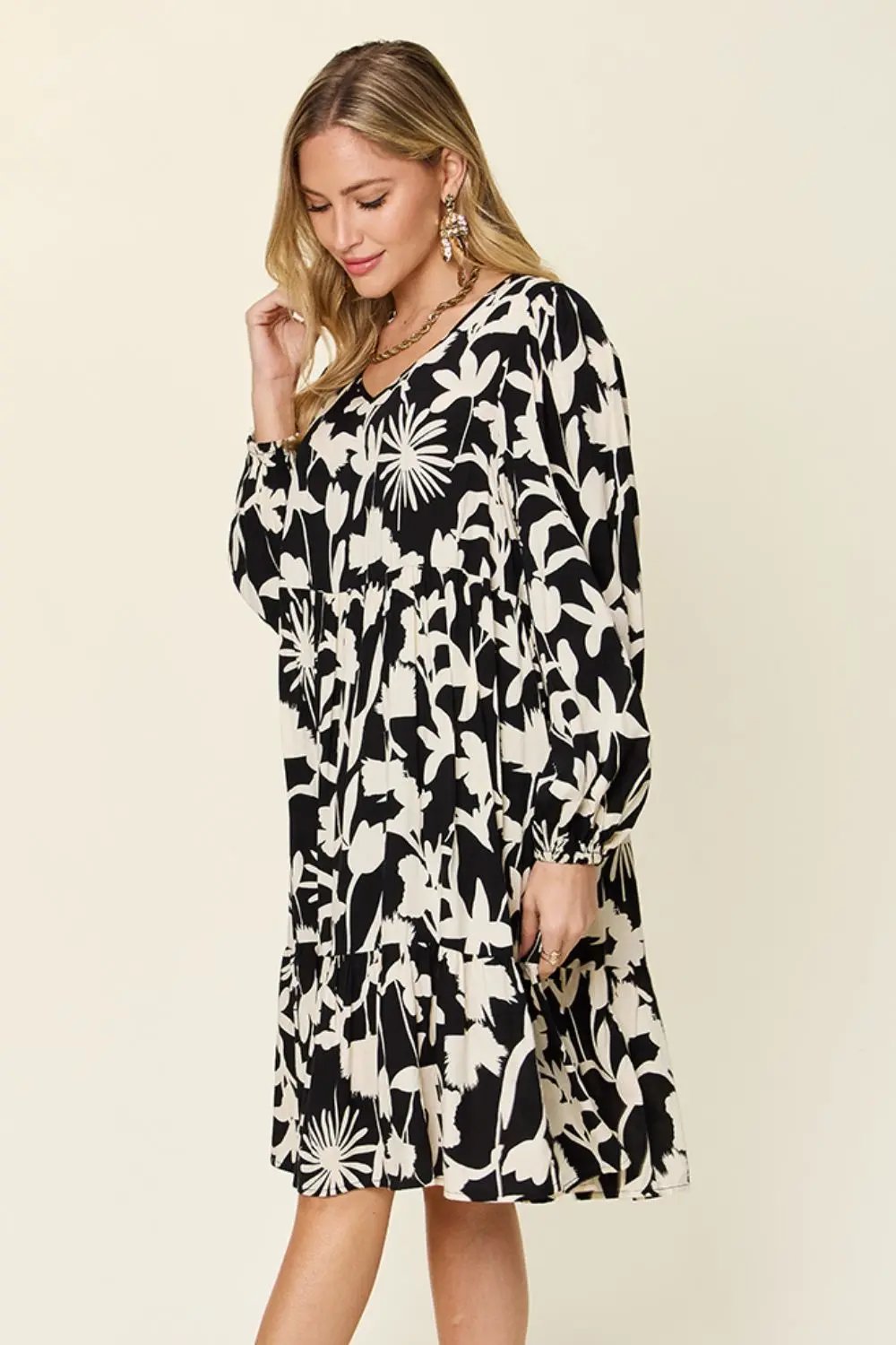 Double Take Full Size Printed Ruffle Hem Long Sleeve Dress - Love Salve